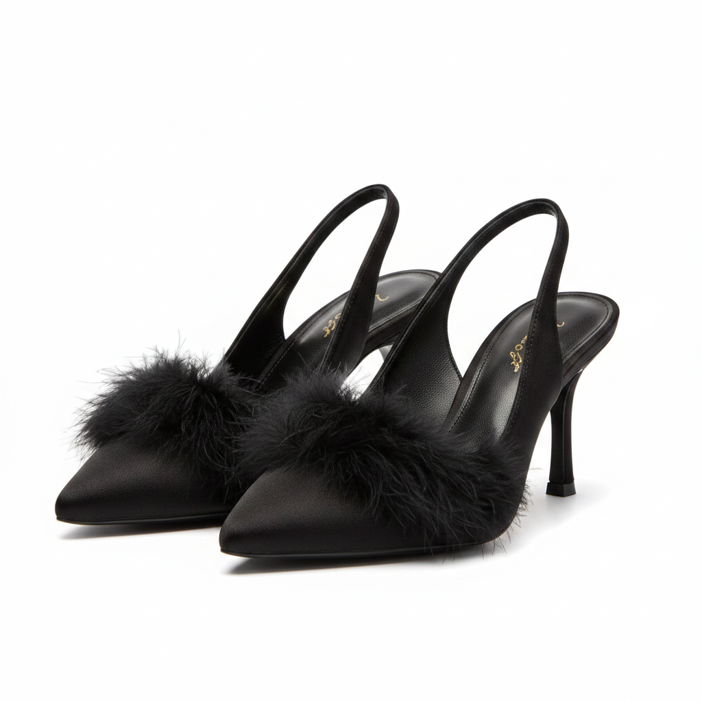 Fluffy Pointed Toe Slingback Pyramid Heel.