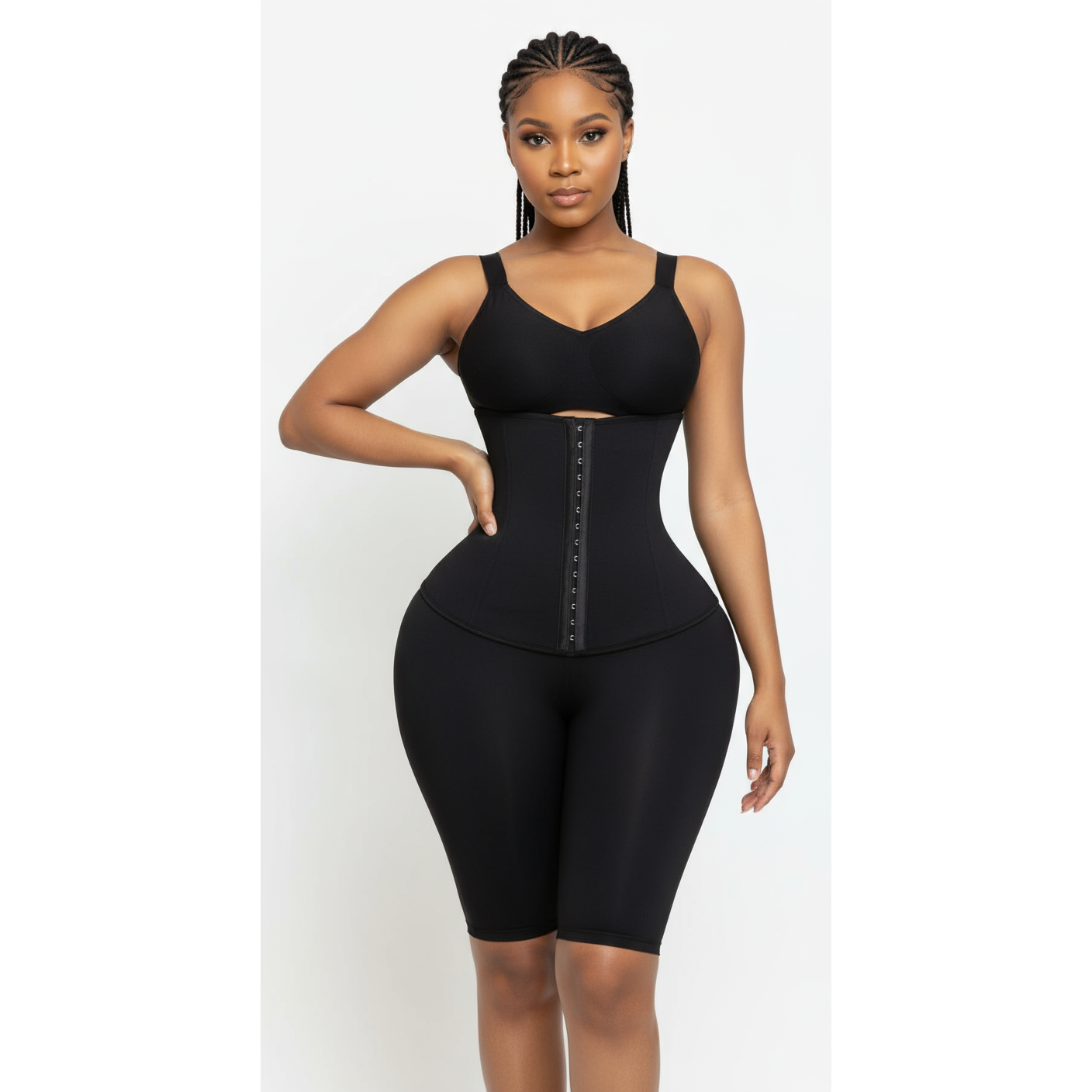 Person wearing a black waist trainer in a neutral setting