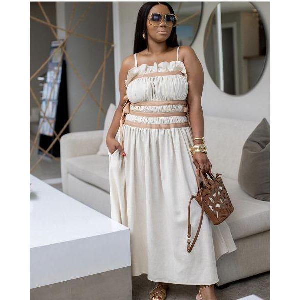 Moxidress Spaghetti Strap Frill Trim Draped Slit Maxi Dress