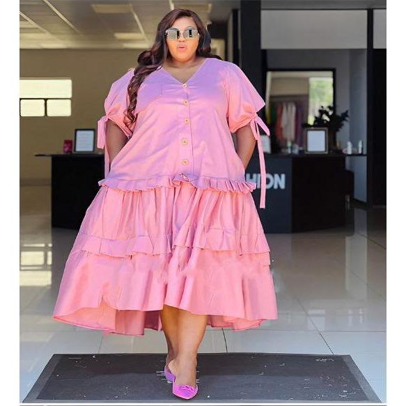 Plus Size Solid Color Pleated Dress