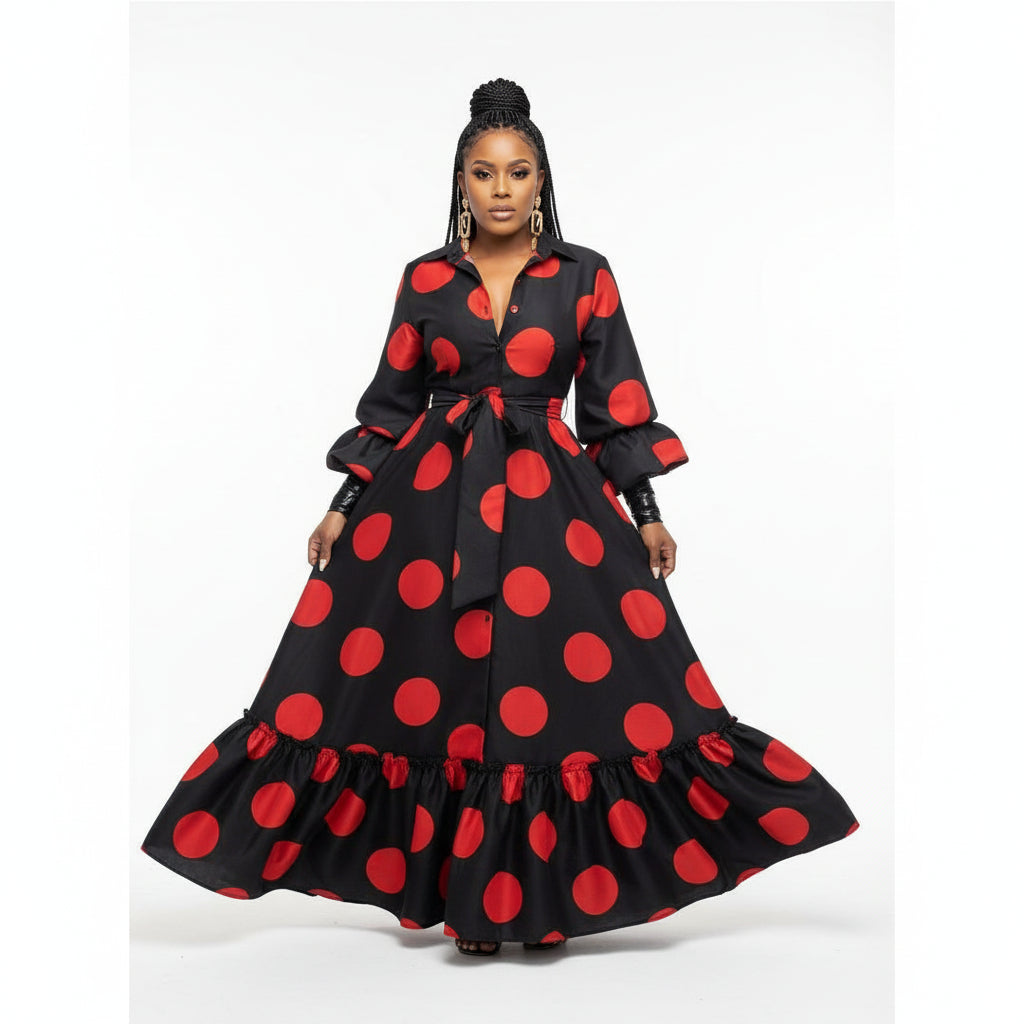 Lantern Sleeve Ruffle Hem Dress