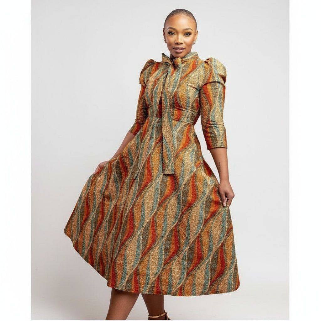 A woman wearing a long dress with a geometric pattern in multiple colors.