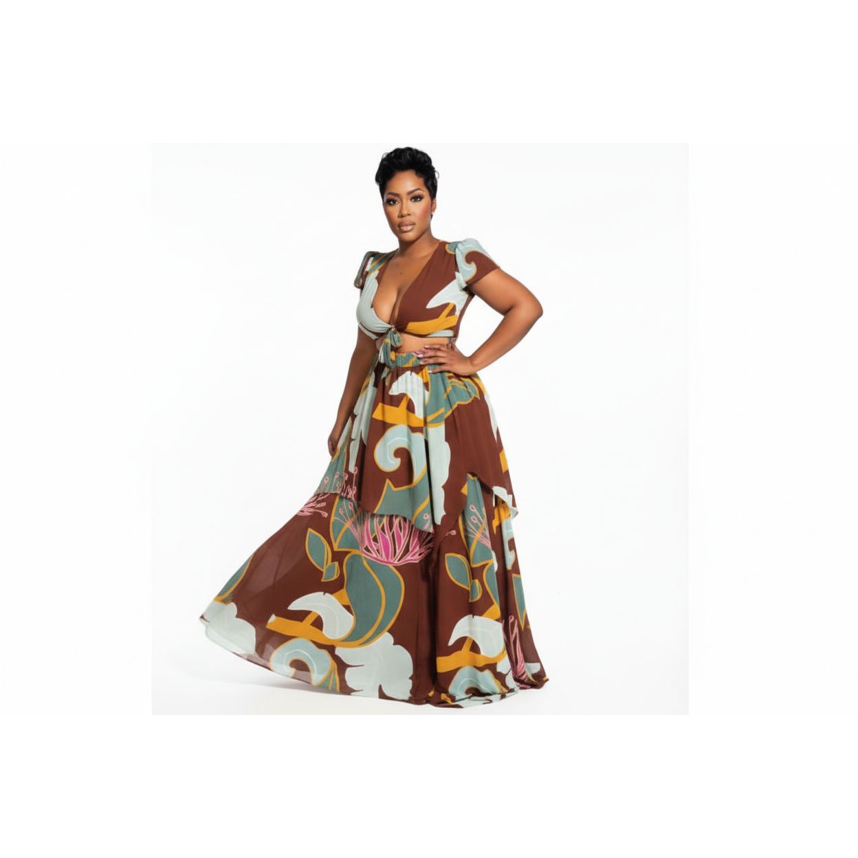 Stylish V-neck Loose Crop Top and Floral Print Pocket Maxi Skirt Set main image 0