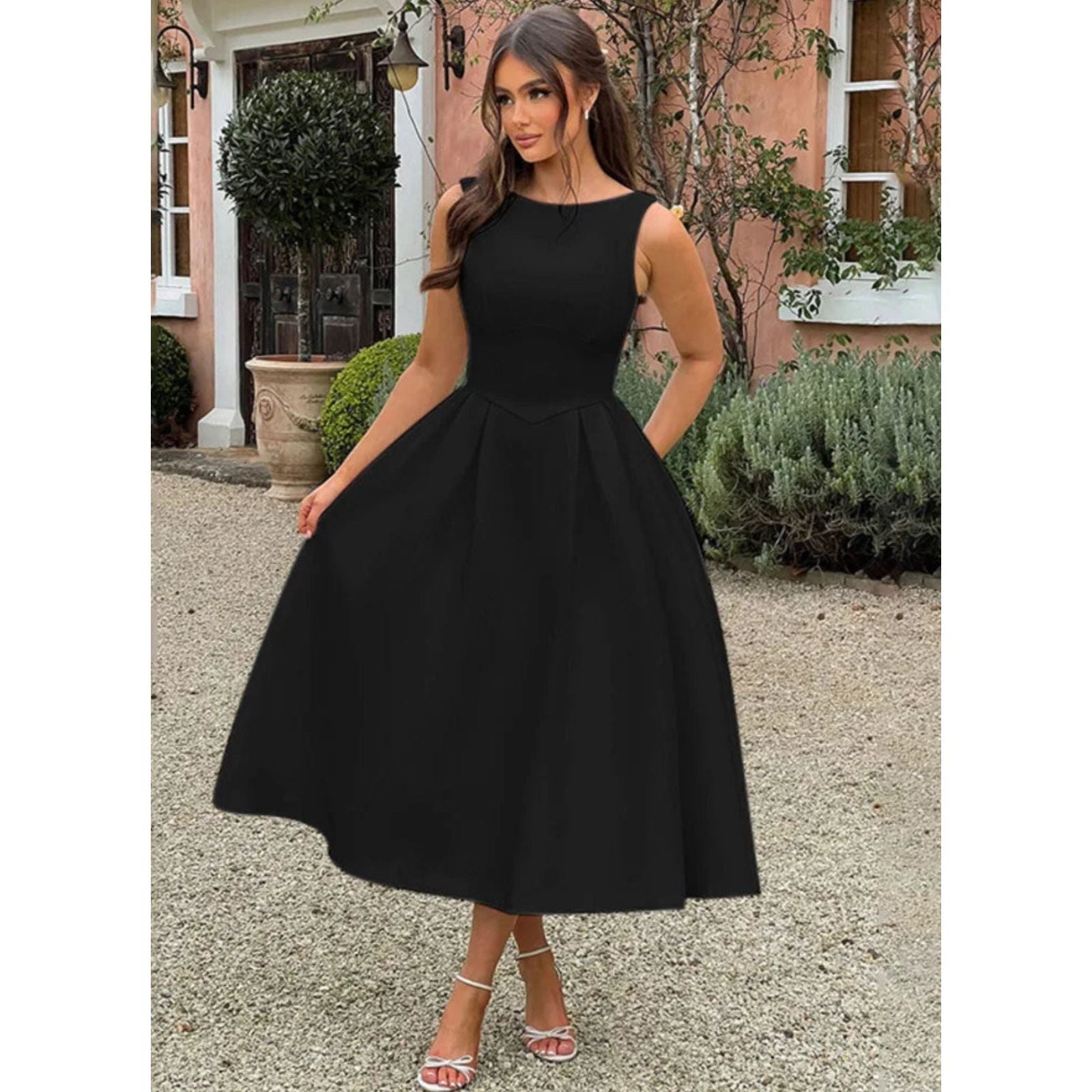 Backless A-Line Midi Satin Dress