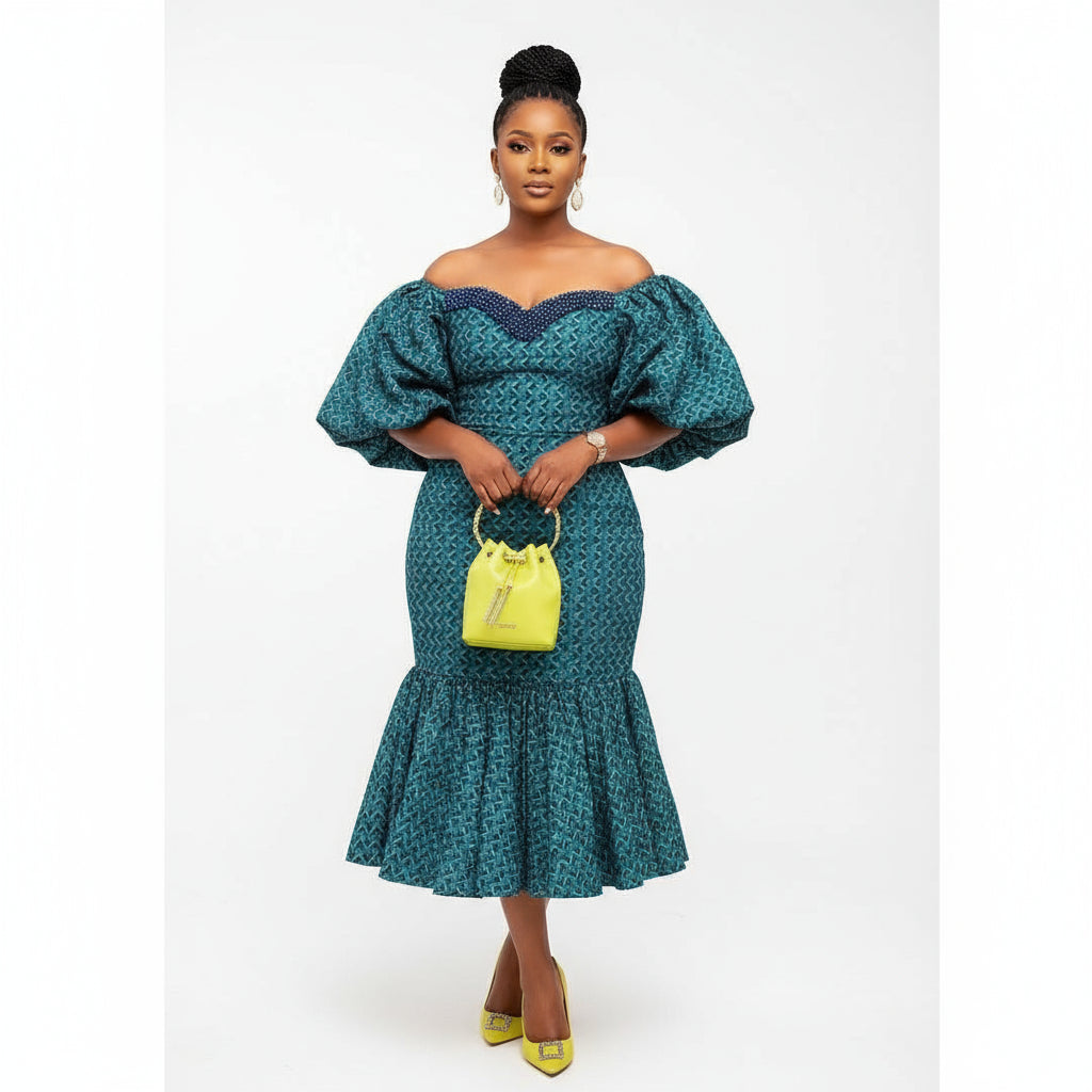 Off-Shoulder Green Ankara Midi Dress