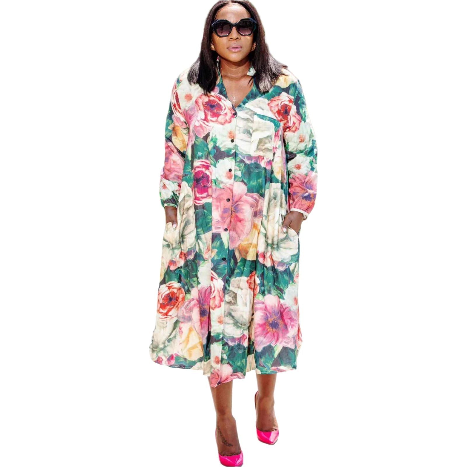 Plus Floral Print Satin Midi Shirt Dress