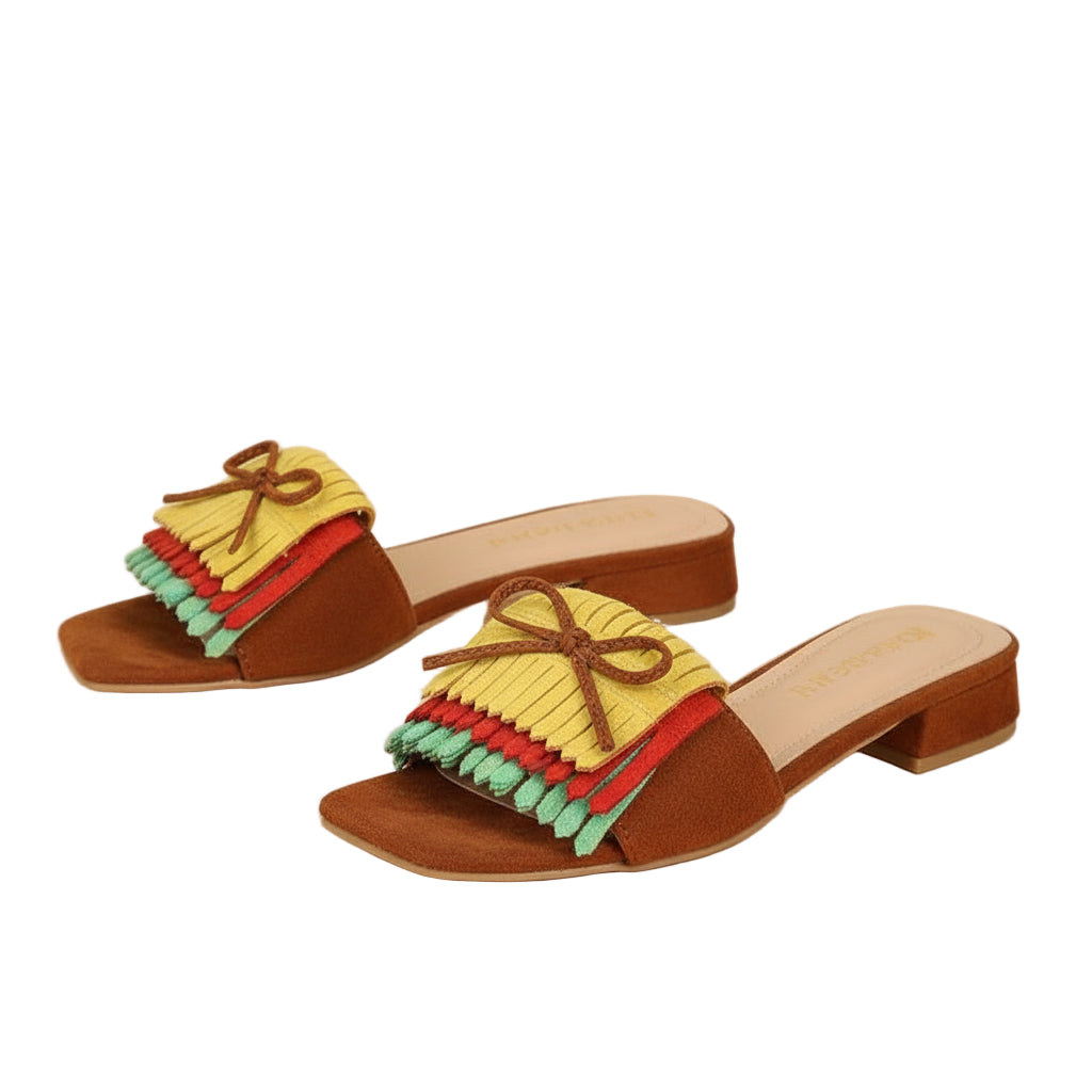 Block Bow & Fringe Decor Flat Sandals
