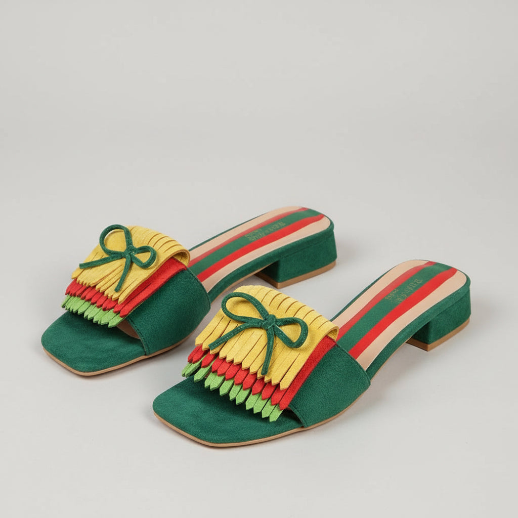 Block Bow & Fringe Decor Flat Sandals