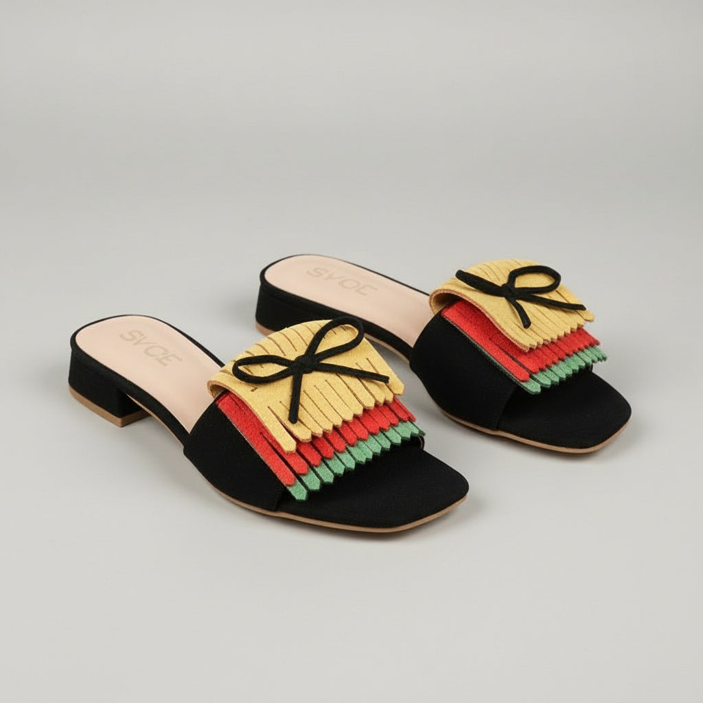 Block Bow & Fringe Decor Flat Sandals