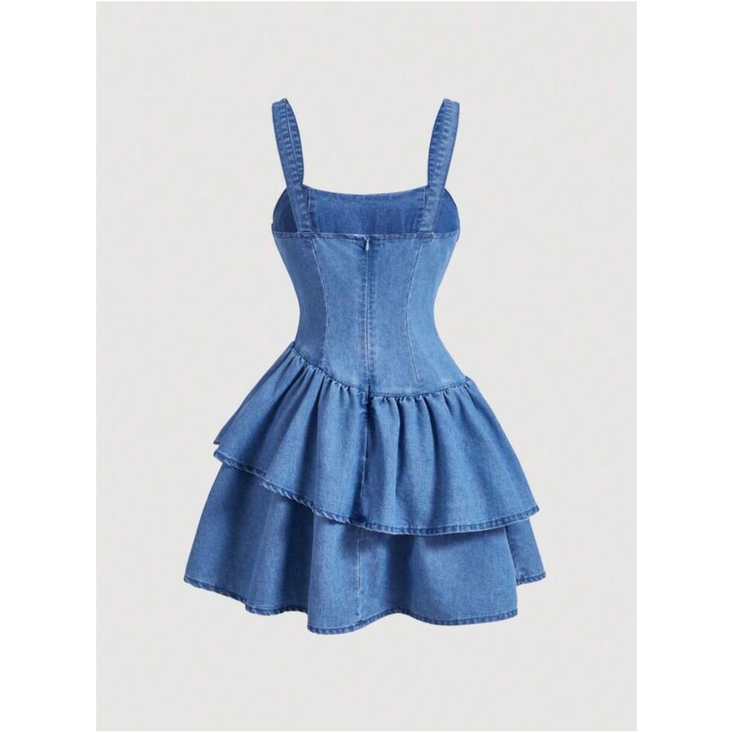 Bow Strap Asymmetrical Denim Double Layered Dress