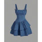 Bow Strap Asymmetrical Denim Double Layered Dress