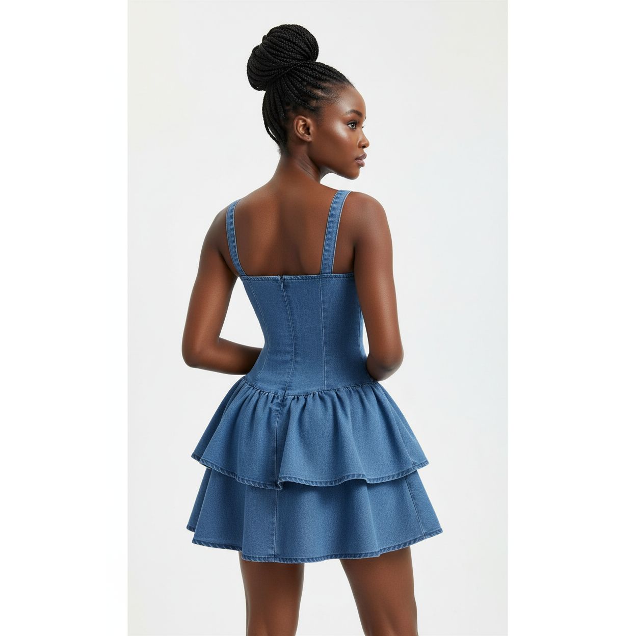 Bow Strap Asymmetrical Denim Double Layered Dress