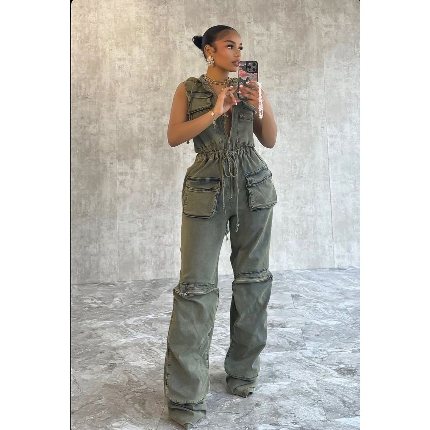 Sleeveless Denim Cargo Hoodie Jumpsuit