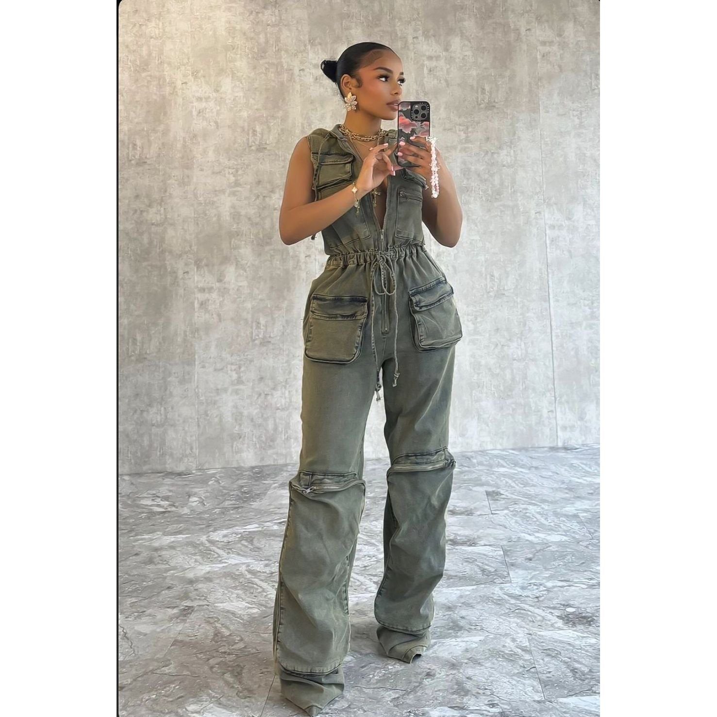 Sleeveless Denim Cargo Hoodie Jumpsuit