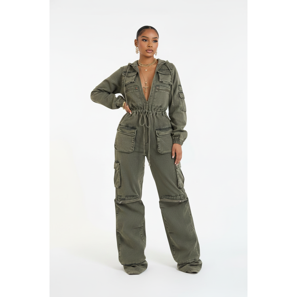 Sleeveless Denim Cargo Hoodie Jumpsuit