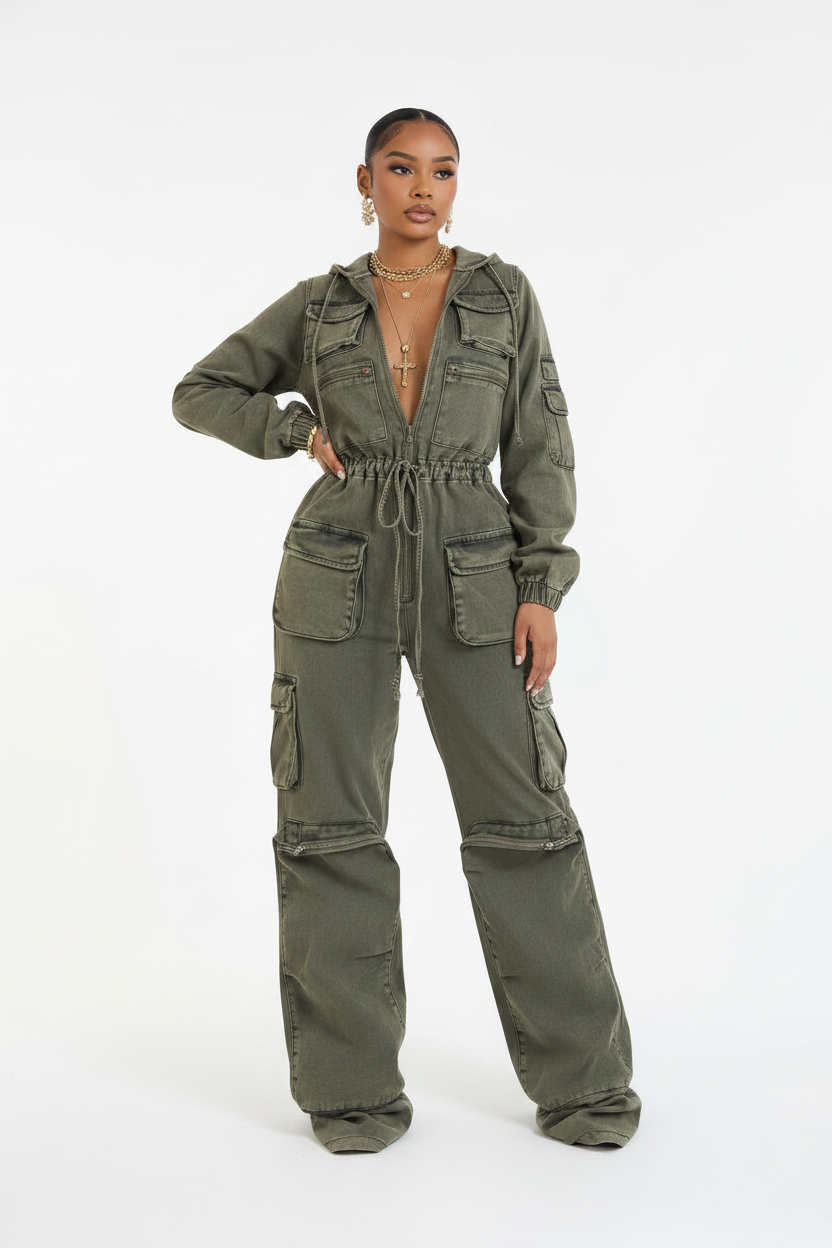 Sleeveless Denim Cargo Hoodie Jumpsuit