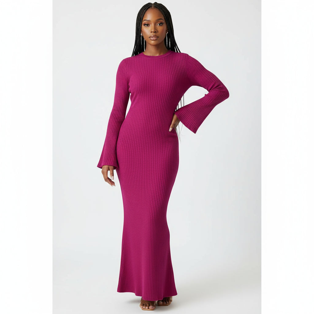 Knitted Round Neck Long Sleeve Bodycon Dress