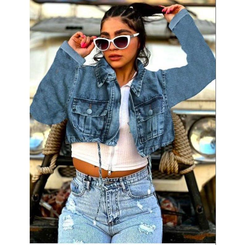 Long Sleeve Cropped Raw Hem Denim Jacket