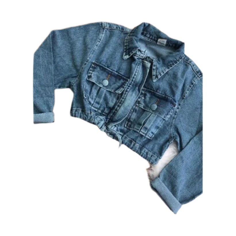 Long Sleeve Cropped Raw Hem Denim Jacket