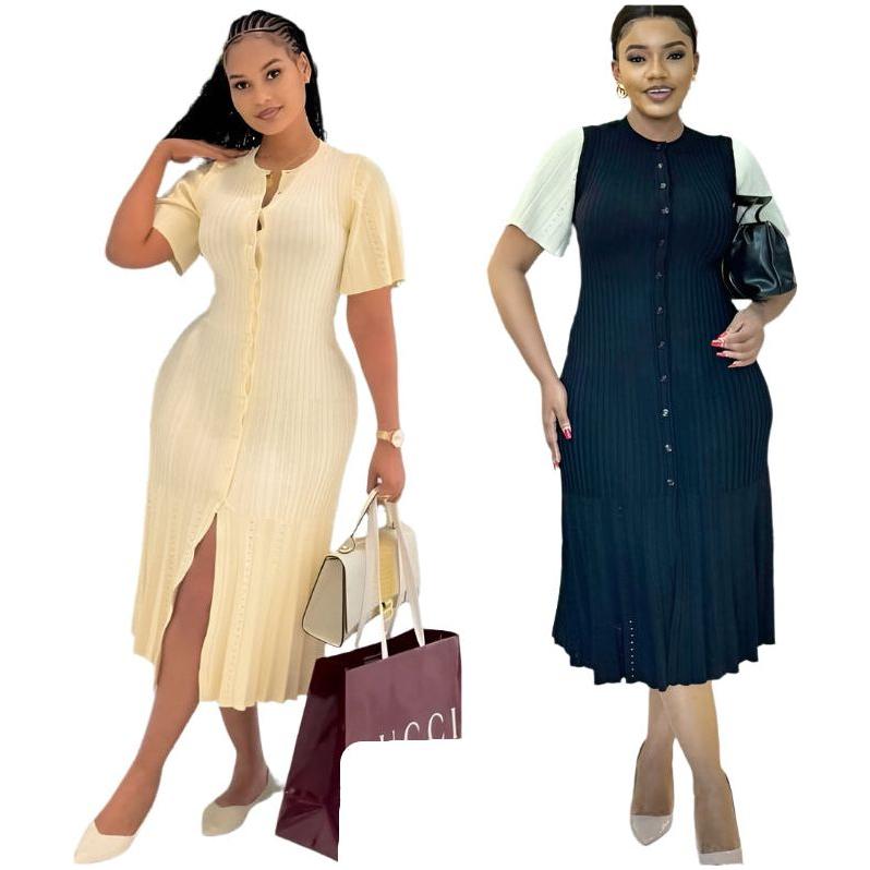 Bodycon Button Short Sleeve Knitted Maxi Dress.