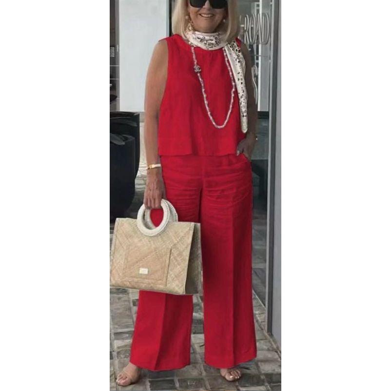 2 Piece Linen Casual Sleeveless Tank Top and Wide Leg Pants Set