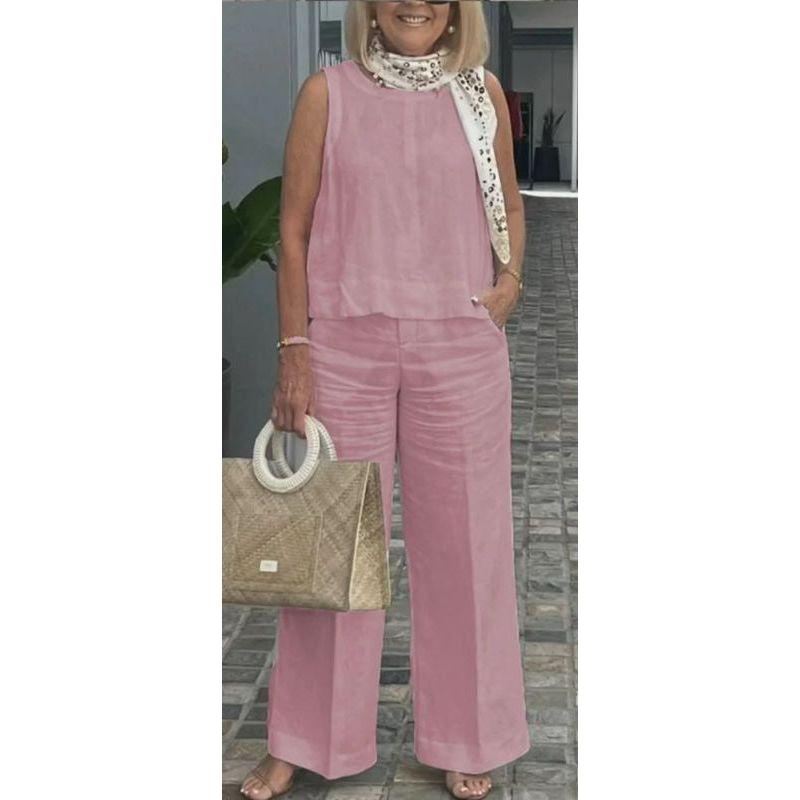 2 Piece Linen Casual Sleeveless Tank Top and Wide Leg Pants Set