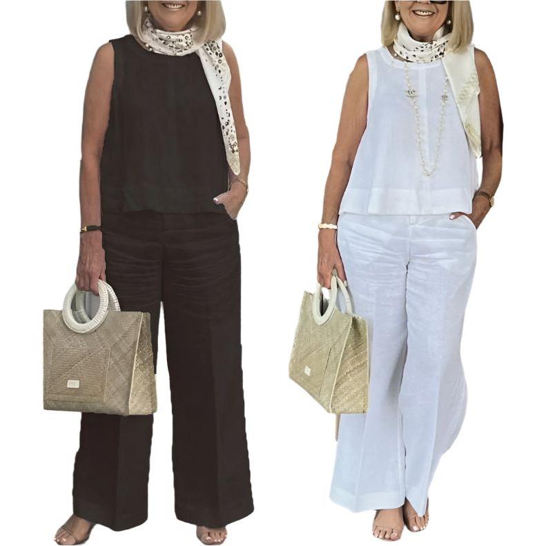 2 Piece Linen Casual Sleeveless Tank Top and Wide Leg Pants Set