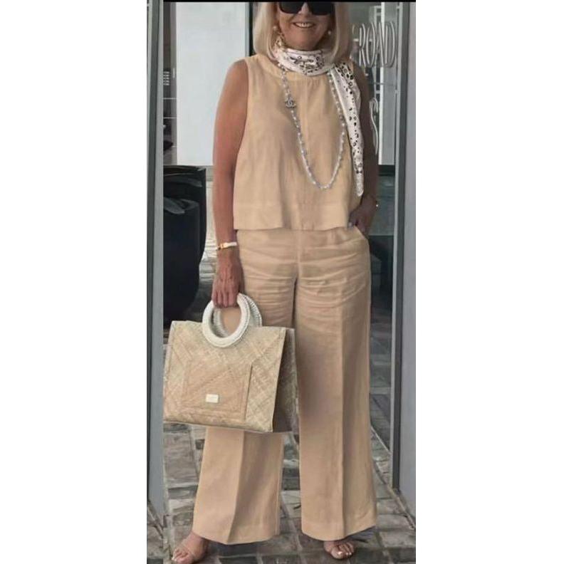 2 Piece Linen Casual Sleeveless Tank Top and Wide Leg Pants Set