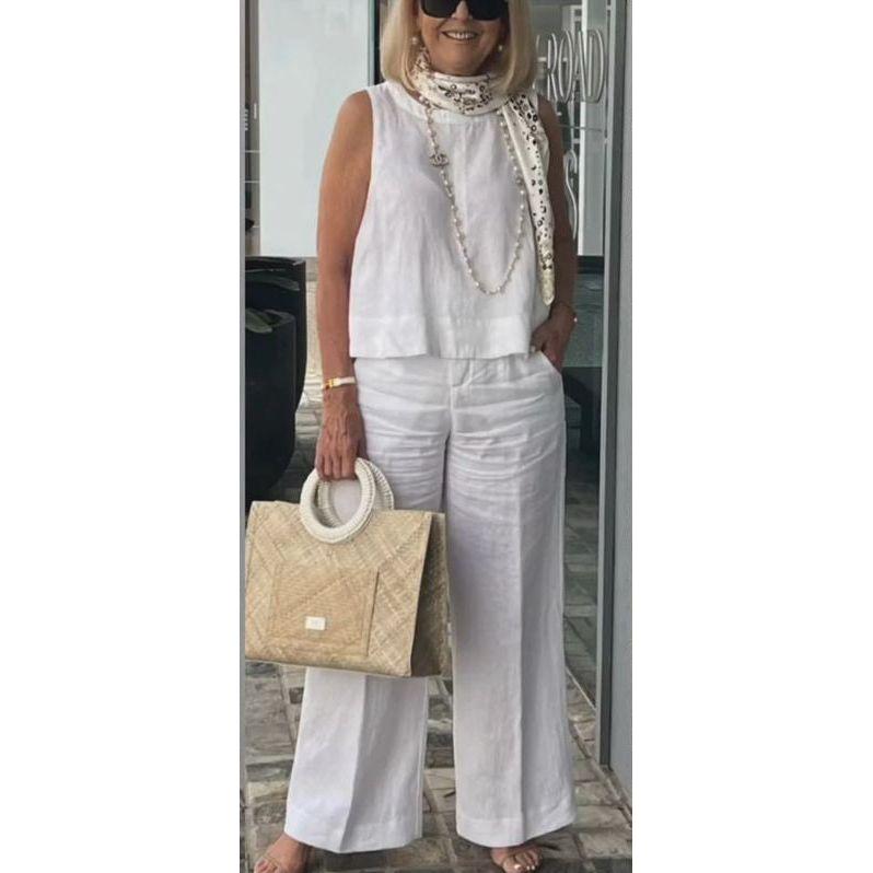 2 Piece Linen Casual Sleeveless Tank Top and Wide Leg Pants Set