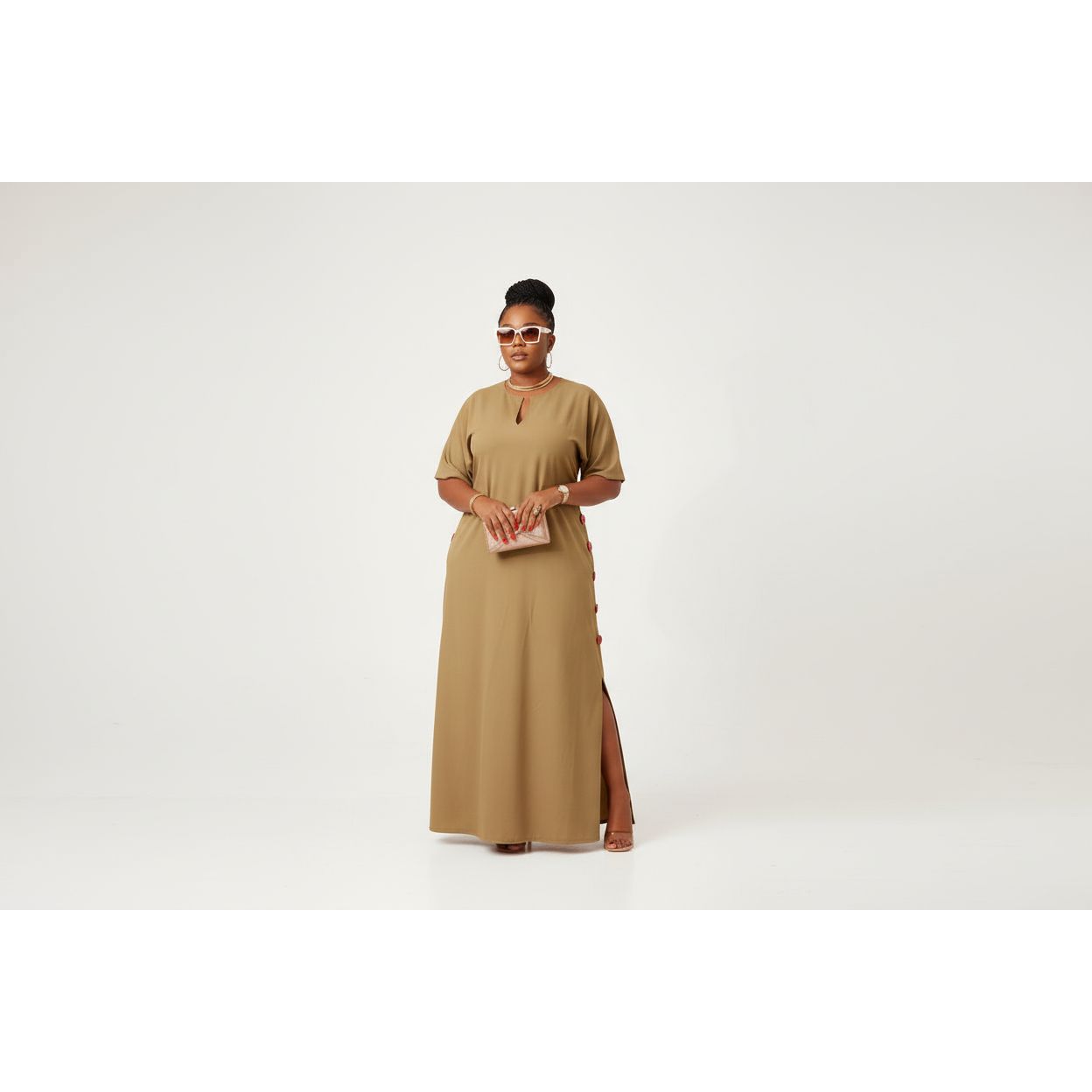 Drop Down V-Neck Short Sleeve Slit Maxi Dress