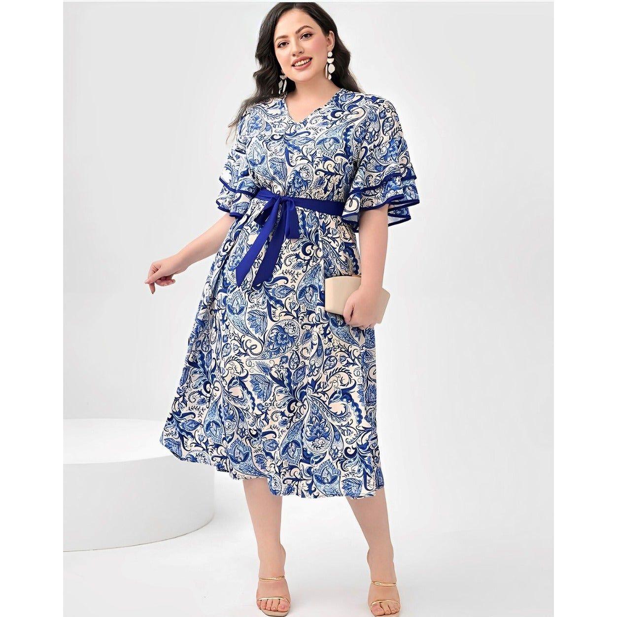 Plus Geo Print Butterfly Sleeve Multi-color Dress