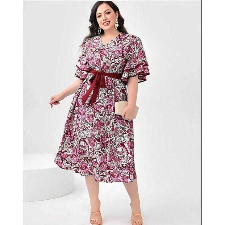 Plus Geo Print Butterfly Sleeve Multi-color Dress