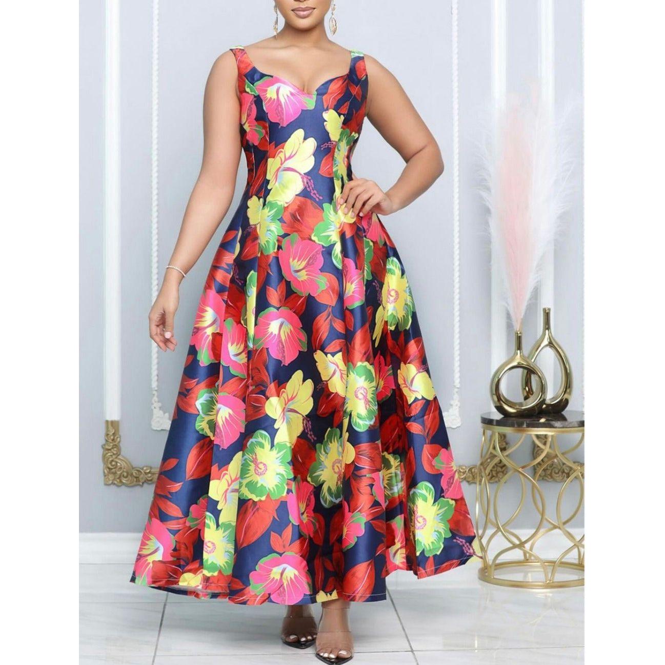 Flower Print Heart Neckline Sleeveless Dress