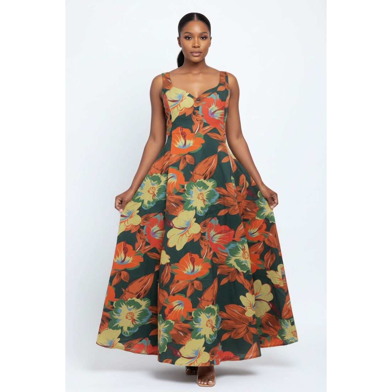 Flower Print Heart Neckline Sleeveless Dress