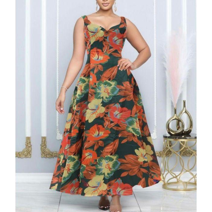 Flower Print Heart Neckline Sleeveless Dress