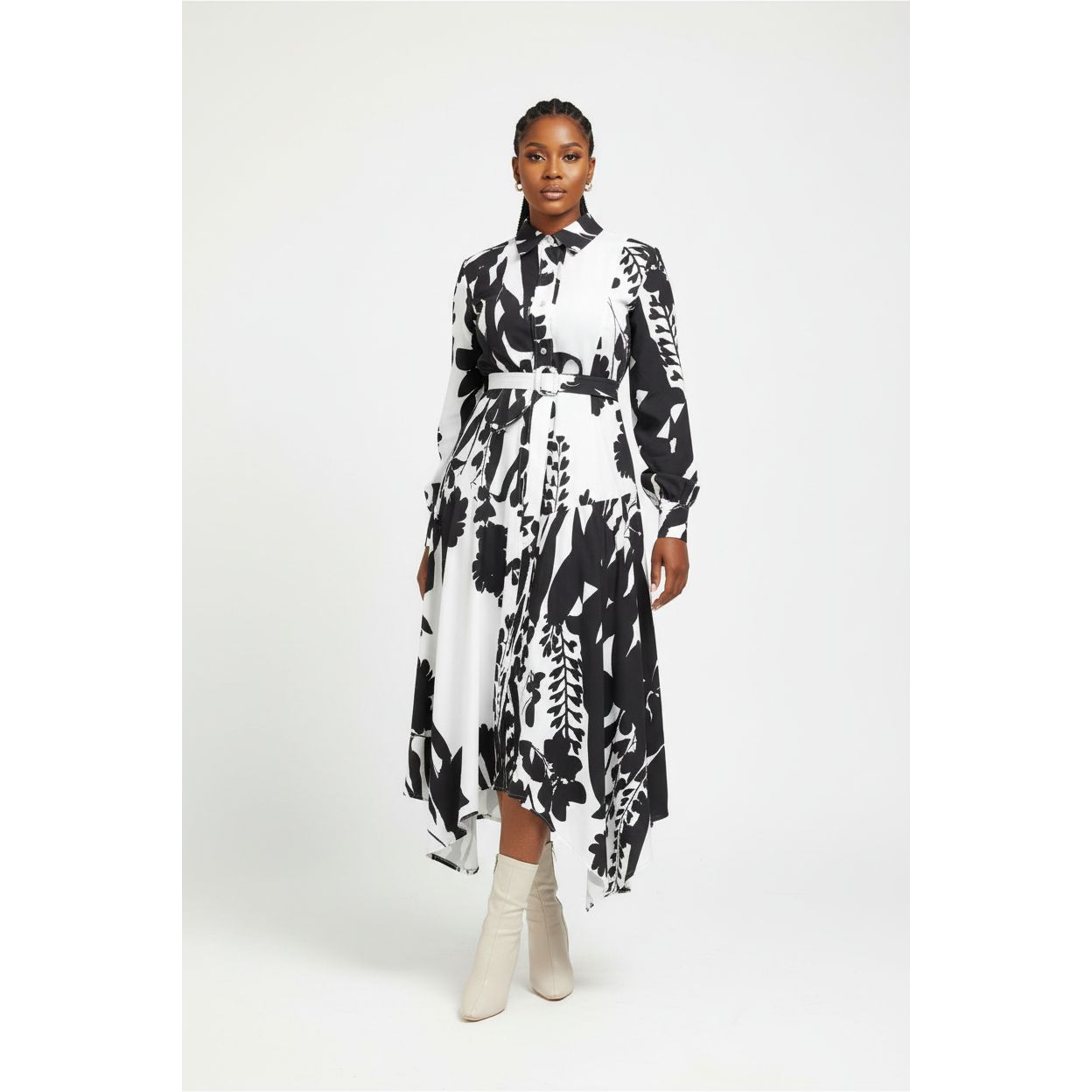 Elegant Long Sleeve Casual Tie Belted Shirt Dress.