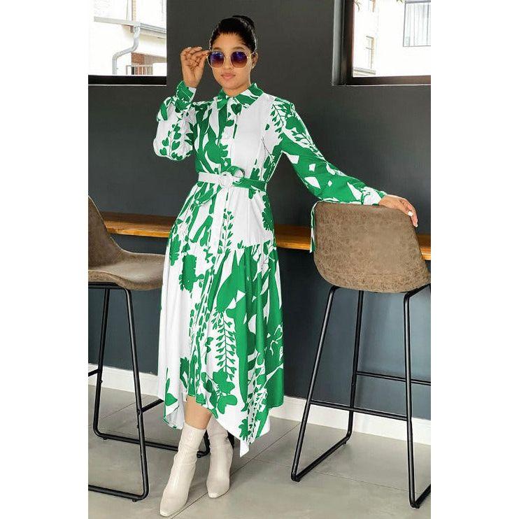 Elegant Long Sleeve Casual Tie Belted Shirt Dress.