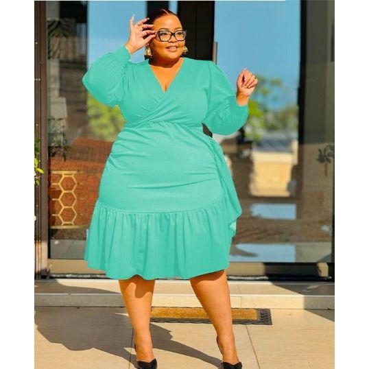 Sexy V-Neck Long Sleeve Bottom Pleated Dress.