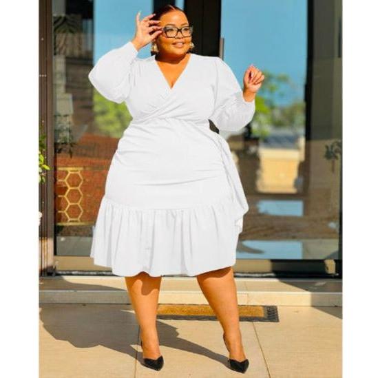 Sexy V-Neck Long Sleeve Bottom Pleated Dress.