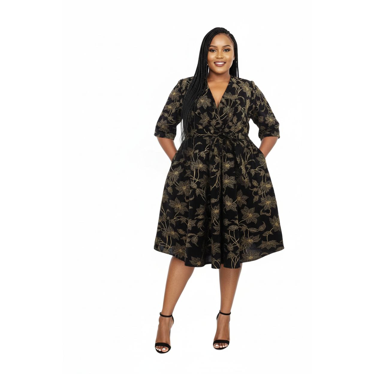 V neck 3/4 sleeve banded double layer dress main image 0