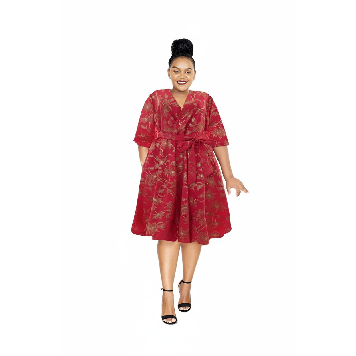 V-Neck Three-Quarter Flounce Sleeve Tiered Dress