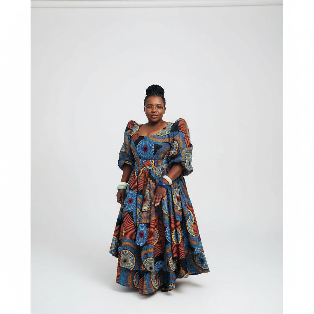 A woman standing in front of a tent wearing a colorful print African Ankara maxi dress with a headwrap.