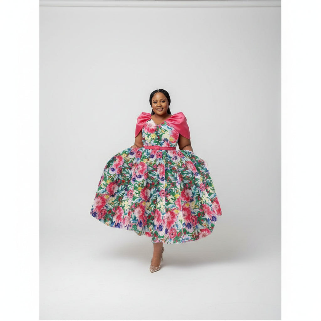 Short Puffy Sleeve Floral Maxi Dress