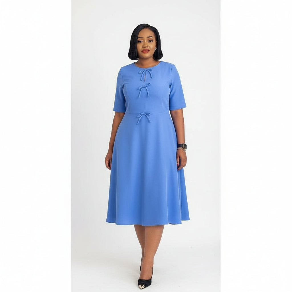 Short Sleeve High Waist A-Line Midi Dress