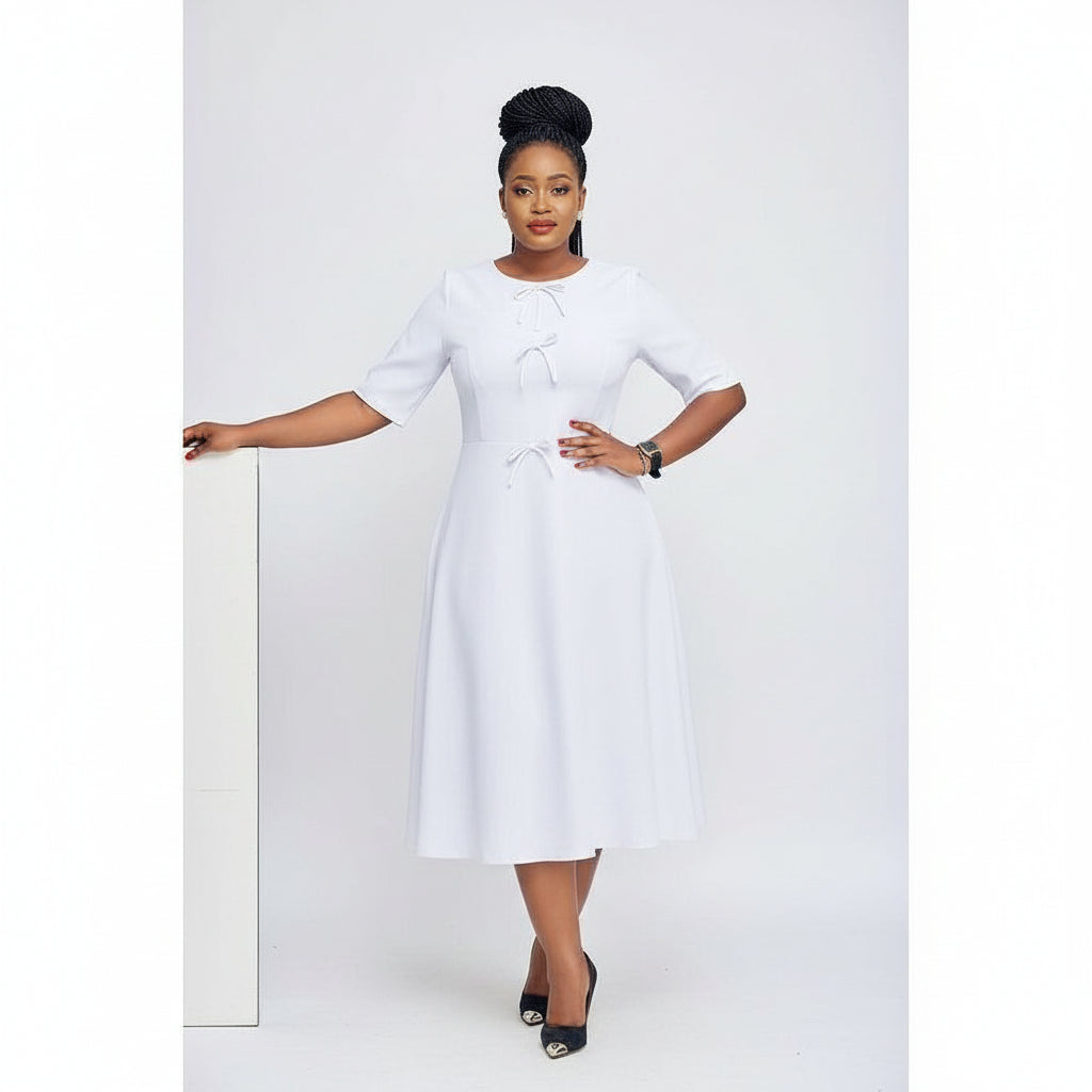 Short Sleeve High Waist A-Line Midi Dress