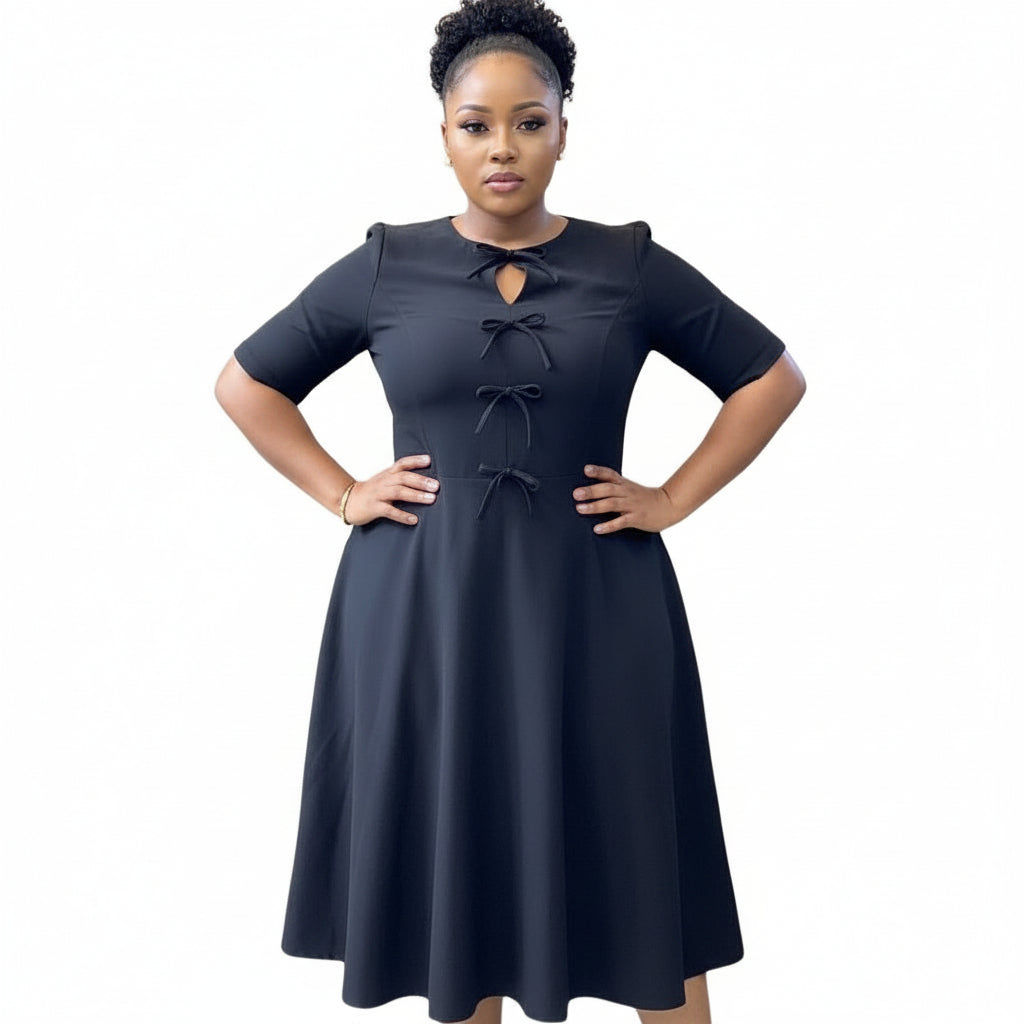 Short Sleeve High Waist A-Line Midi Dress