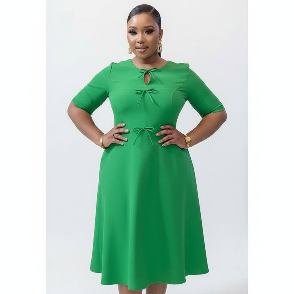 Short Sleeve High Waist A-Line Midi Dress