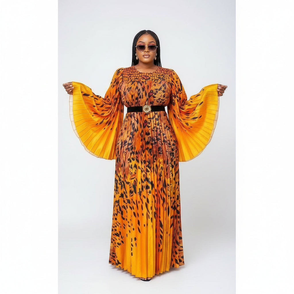 Pleated Long Puffy Sleeve Maxi Dress