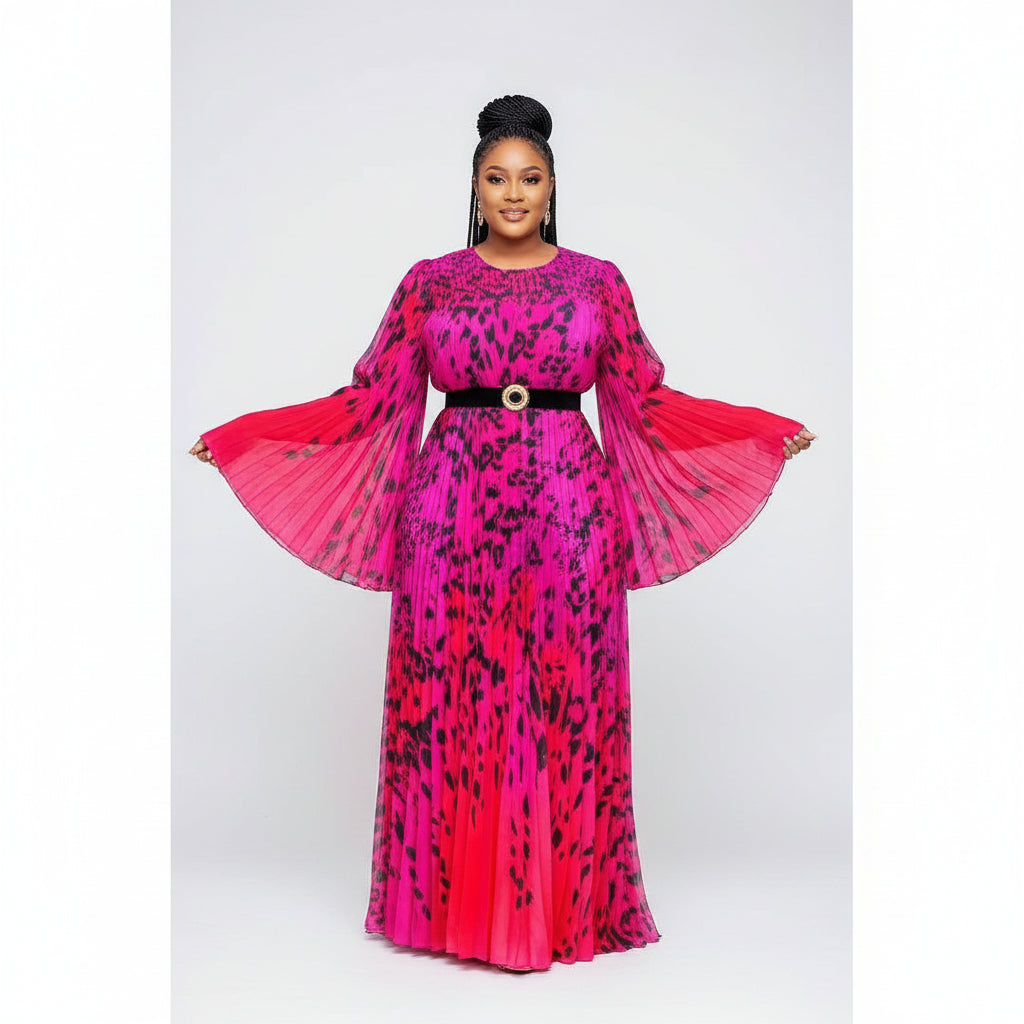 Pleated Long Puffy Sleeve Maxi Dress