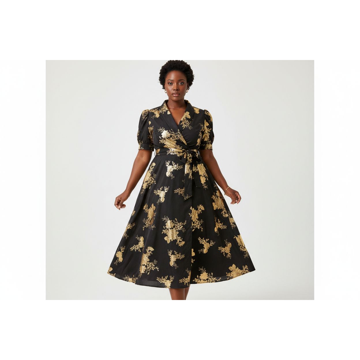 Short-Sleeve V-Neck Floral Midi A-Line Dress main image 1